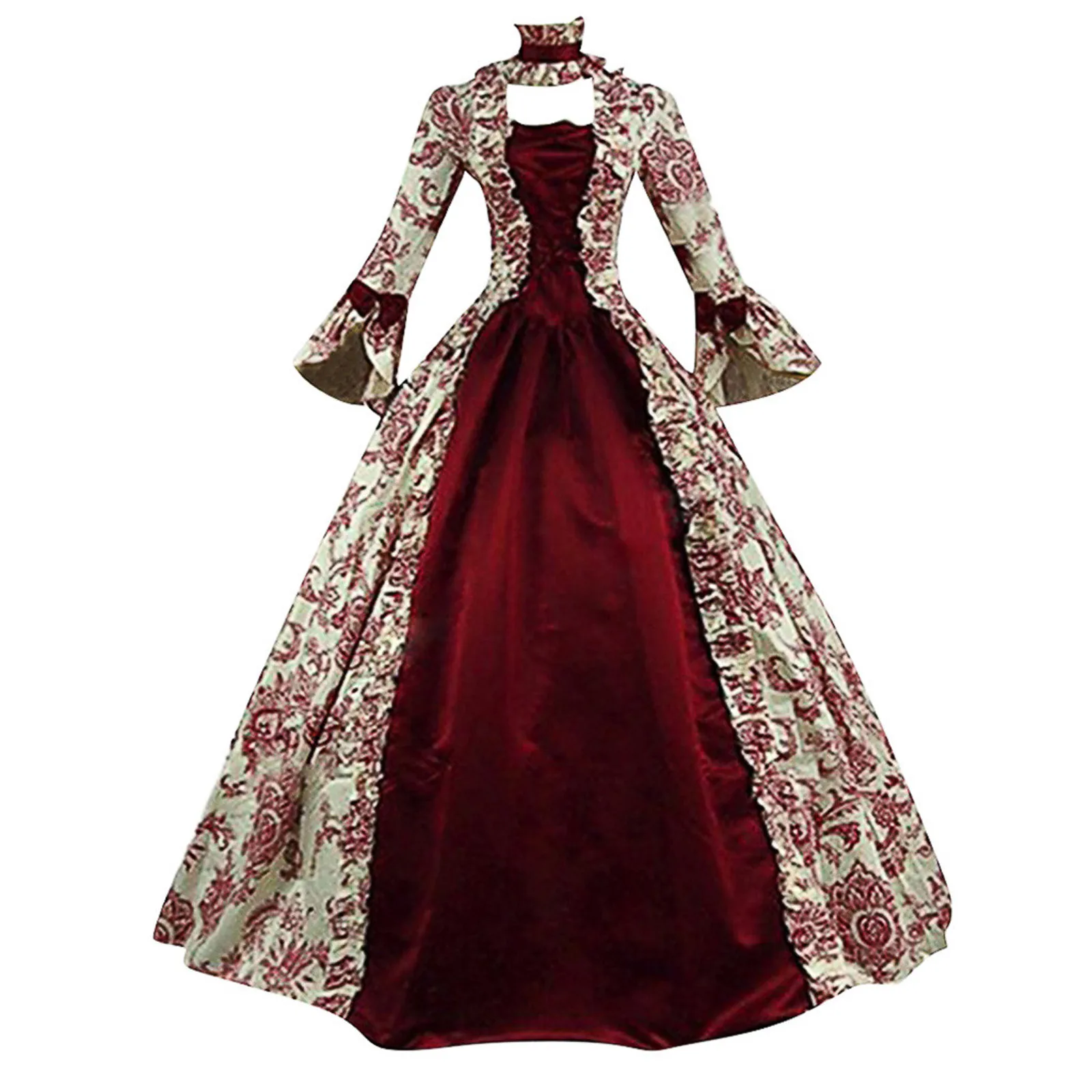 Victorian Vestidos Medieval Elegant Flare Sleeve Party Maxi Floral Dress Gothic Vintage Renaissance Halloween Cosplay Costume