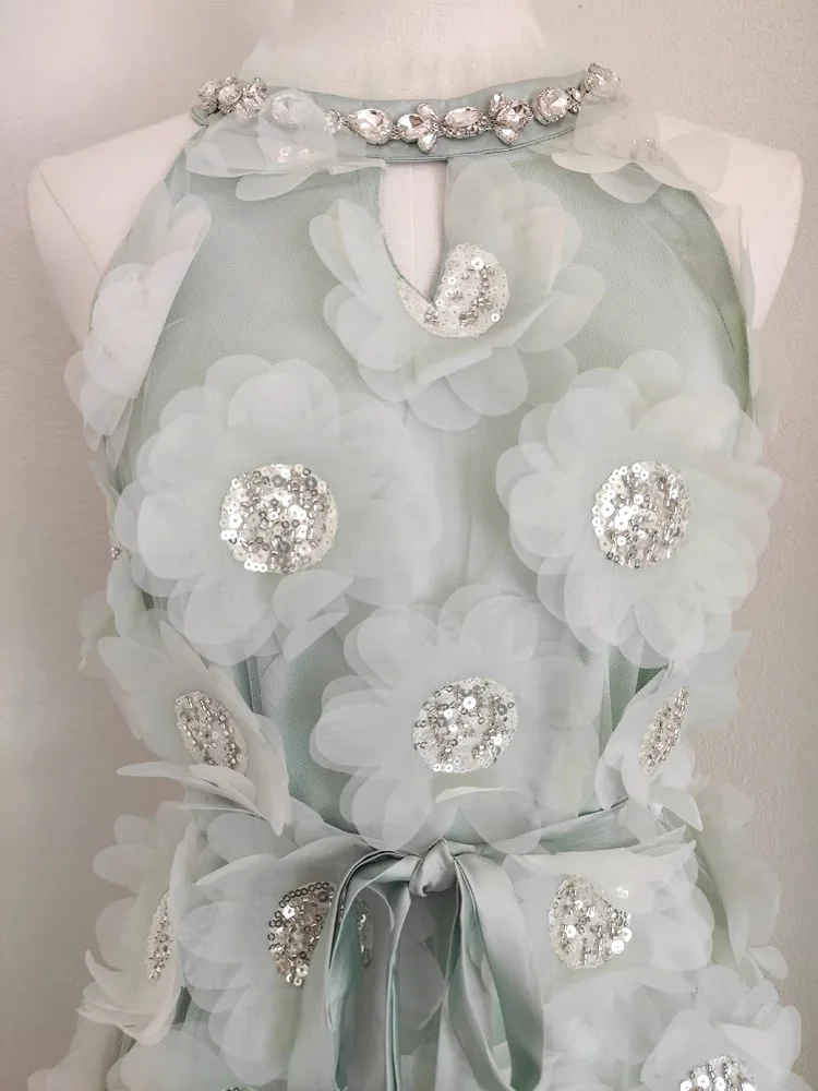 Uni vestido de festa de luxo de alta qualidade feminino halter sem mangas com zíper design faixas de cetim 3d floral lantejoulas vestido de noite