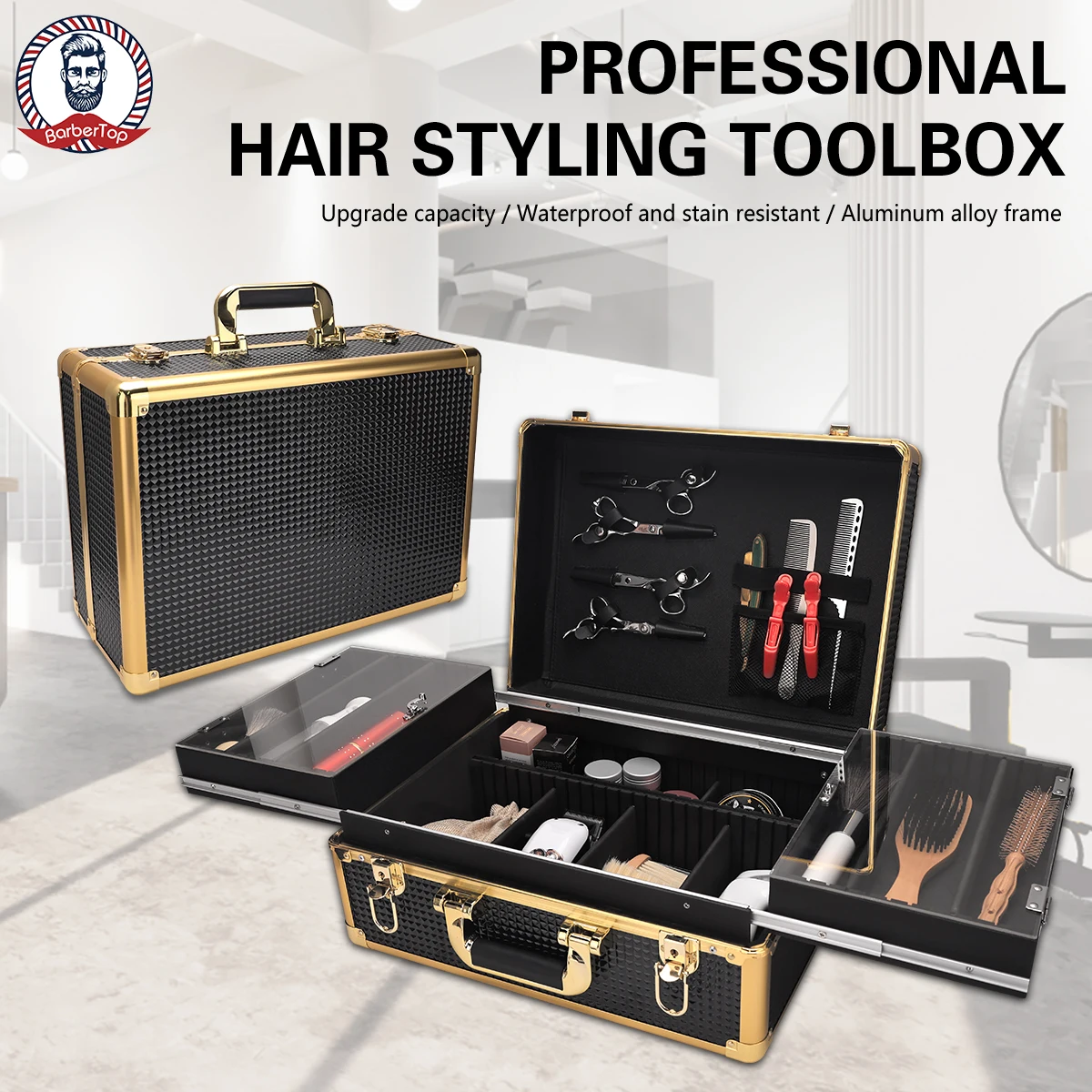 

Gold Barber Gold Carrying Case Clippers Storage Box Double Layer Hairdressing Organizer Case Barbershop Tools