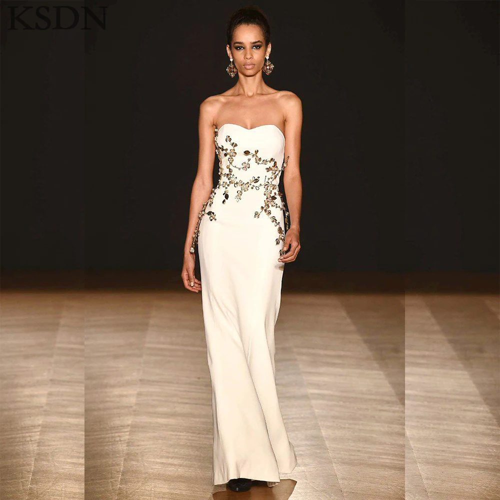 

KSDN Luxury White Floor Length Evening Dresses 2025 Customized Strapless Sleeveless Beading Gowns Special Occasion Long Dress