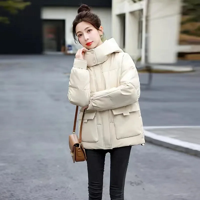 

Winter Femme High-grade Hooded Cotton Padded Coat Korean Lady Long Sleeves Puffer Outwear 2025 Women Fashion Down Cotton Jacket