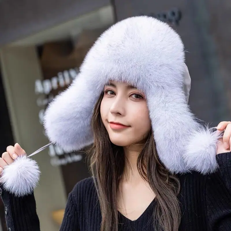 Women's Real Fox Fur Hat Russian Trapper Snow Skiing Hats Waterproof Top Earflap Caps Winter Raccoon Fur Bomber cap