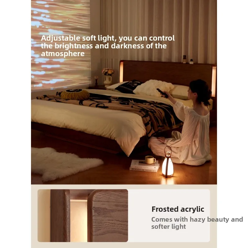 Home master bedroom walnut-colored oak all-solid wood bed, storage suspension furniture