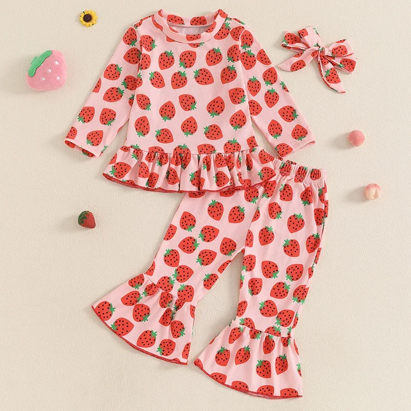 Tregren Baby Girls 3 Piece Clothing Strawberry Print Long Sleeve Shirt and Flared Pants Headband Set Fall Kid Girl Clothes