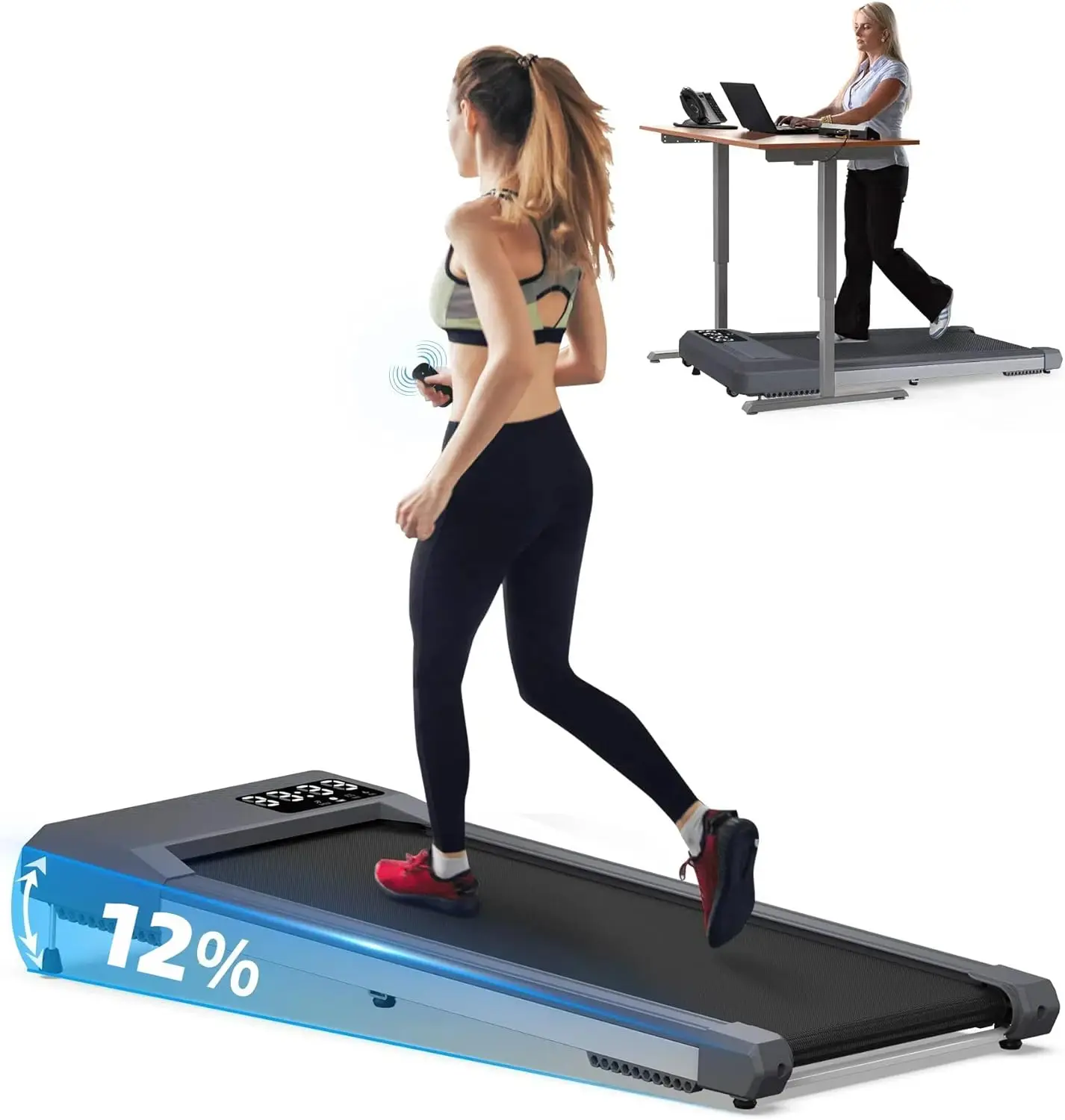 

12% Incline Foldable Walking Pad Treadmills, Under Desk Treadmill 340+lb Capacity for Home Small Space, Mute Control, Adjustable