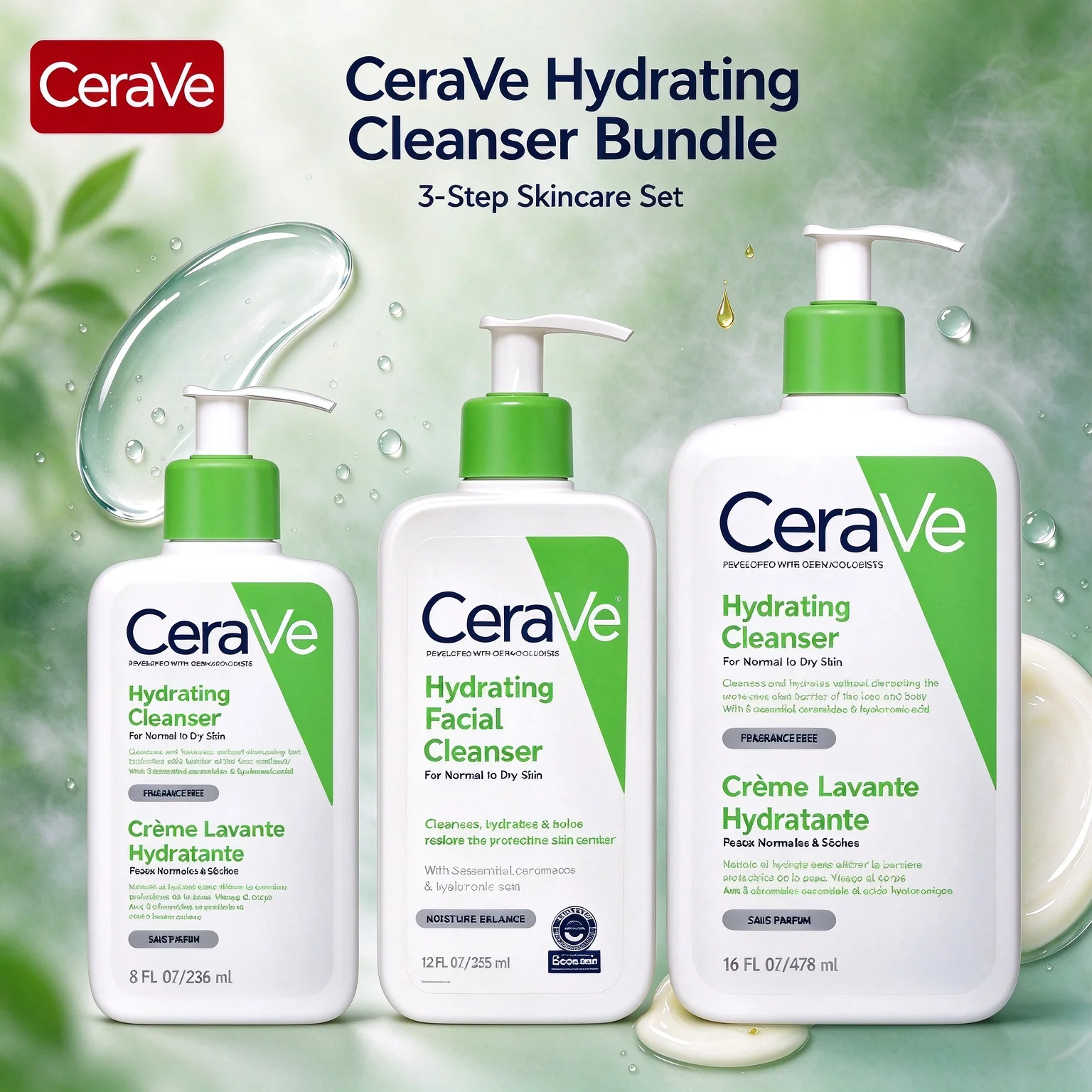 CeraVe Hydrating Cleanser 8oz/12oz/16oz(236ml/355ml/473ml) Daily Face & Body Hydrating Cleanser For Normal to Dry Skin
