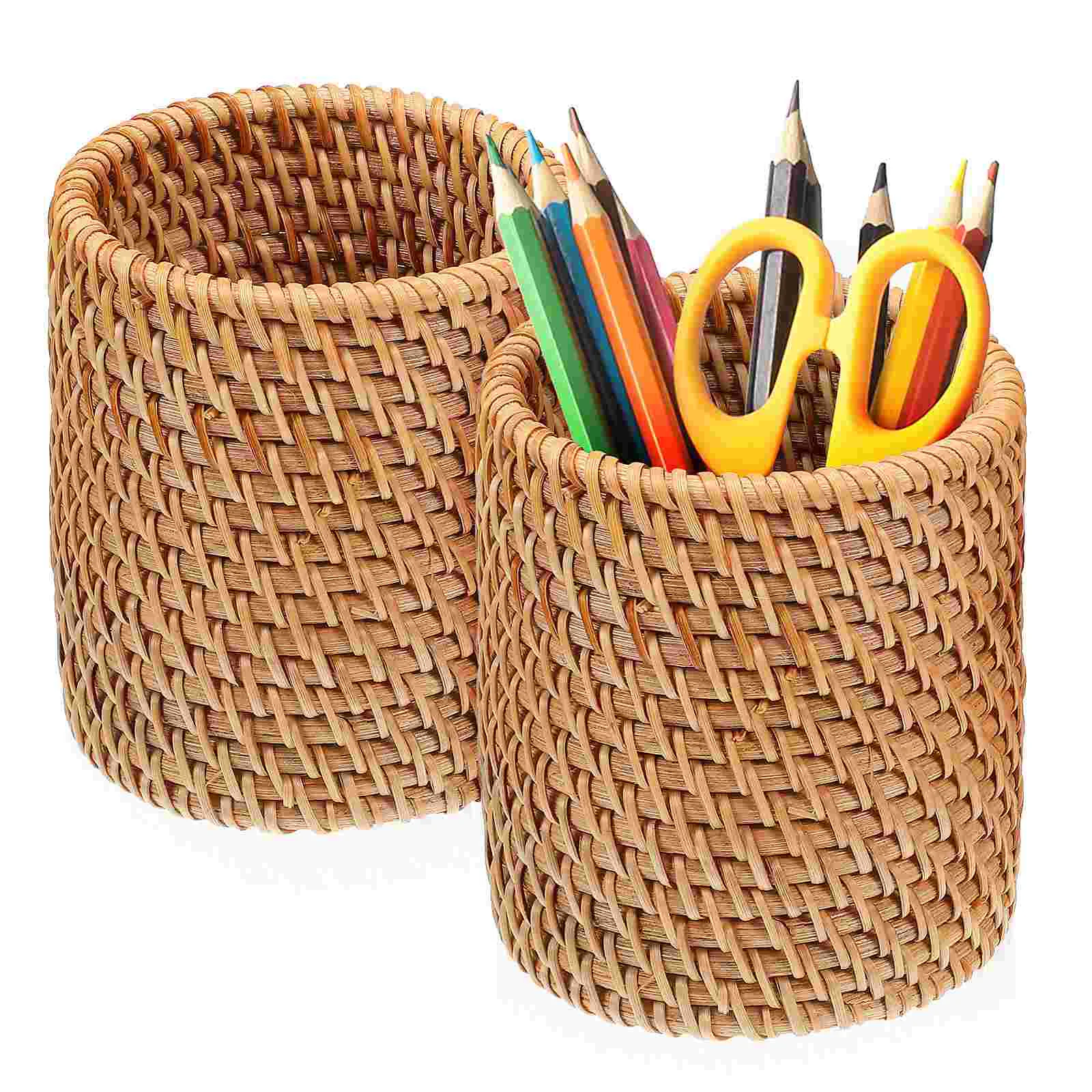 2 Pcs Rattan Pen Holder 2pcs Diameter 8cm Height 10cm Desk Organizers and Storage Stand Makeup Brush Cup Woven Wooden Office