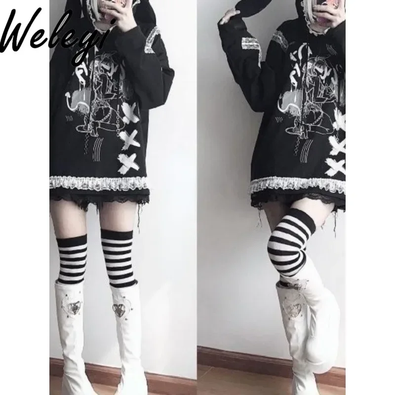 Jirai Kei Y2k Hoodies Jacket Spring Autumn Black and White Rabbit Ears Top Yabi Style Culture Comic Style Sweet Cool Hottie Tops