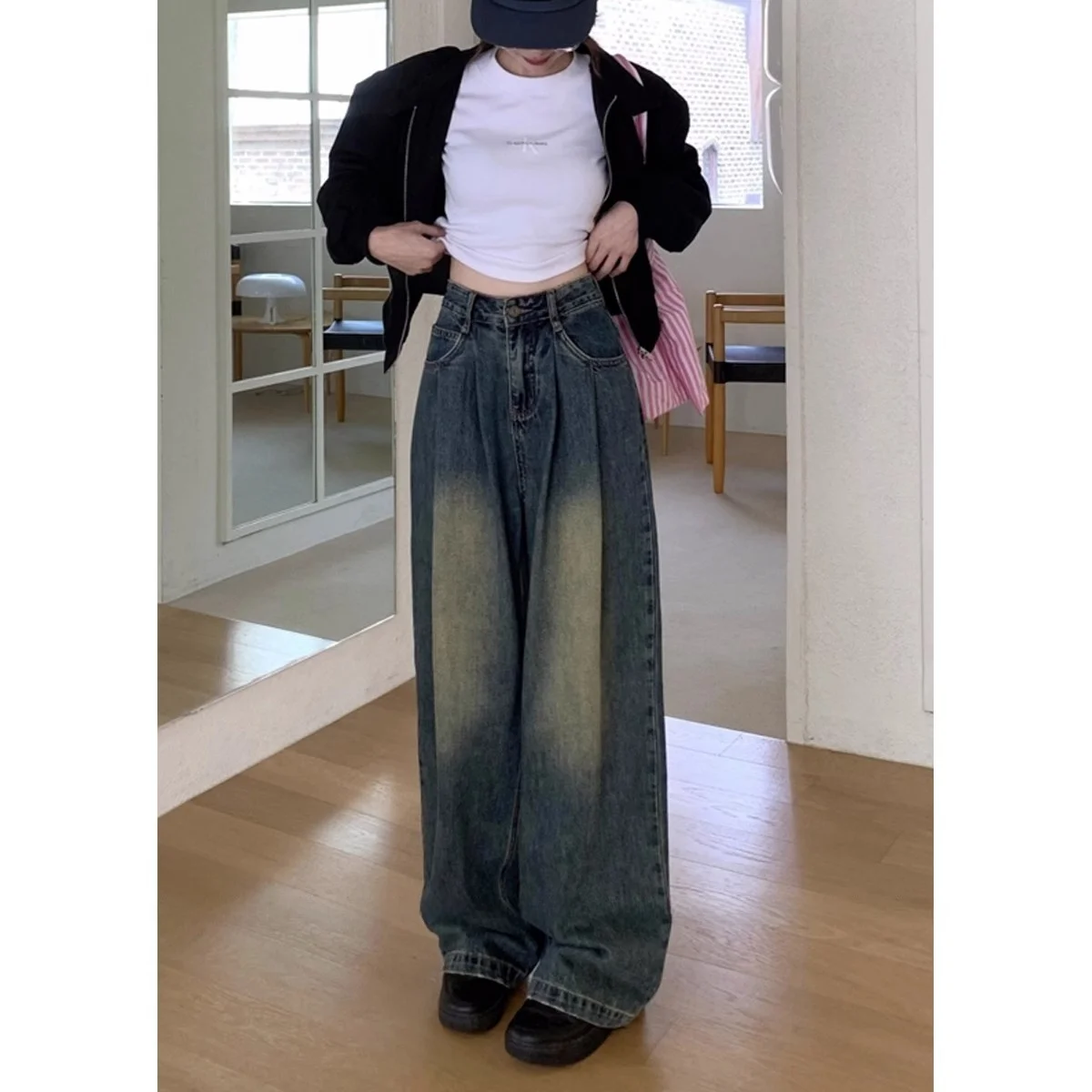 

High Waist Straight Leg Denim Jeans Women's Spring Autumn plus Size Loose Wide Leg Floor Length Pants Retro Style