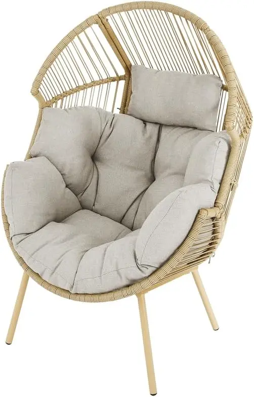 Outdoor Wicker Egg Chair - 300 LBS Weight Capacity Single Patio Egg Lounge Chair with Water Resistant Cushion for Porch Balcony