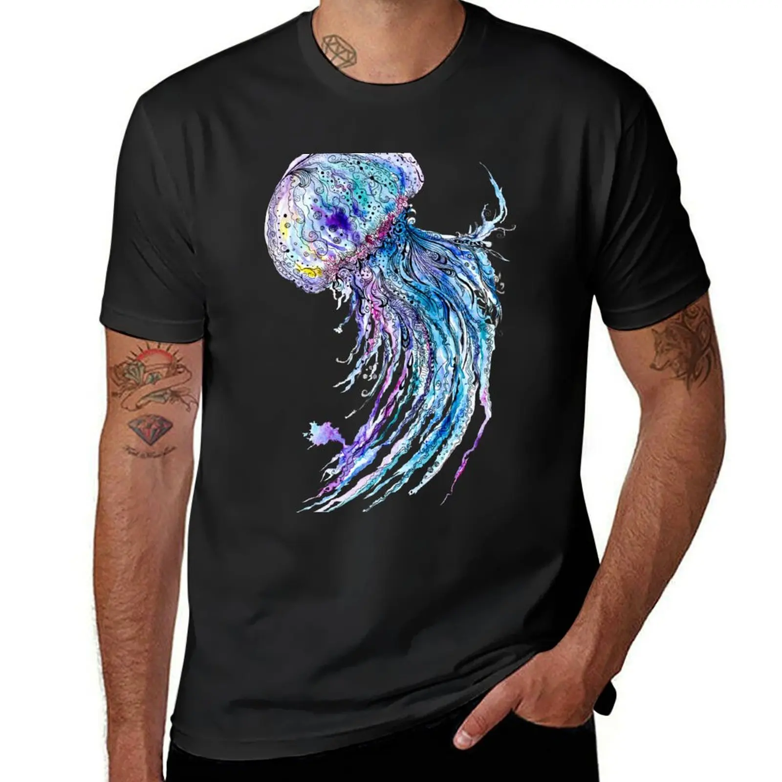 Jelly fish watercolor and ink painting T-Shirt funnys quick drying aesthetic clothes boys animal print black t shirts for men