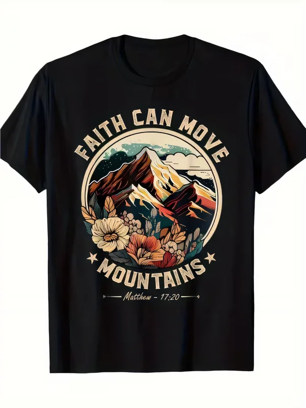 Faith Can Move Mountains Vintage Graphic T-Shirt Matthew 17:20 Religious Inspirational Tee Sunflower Mountain Art Cotton Top