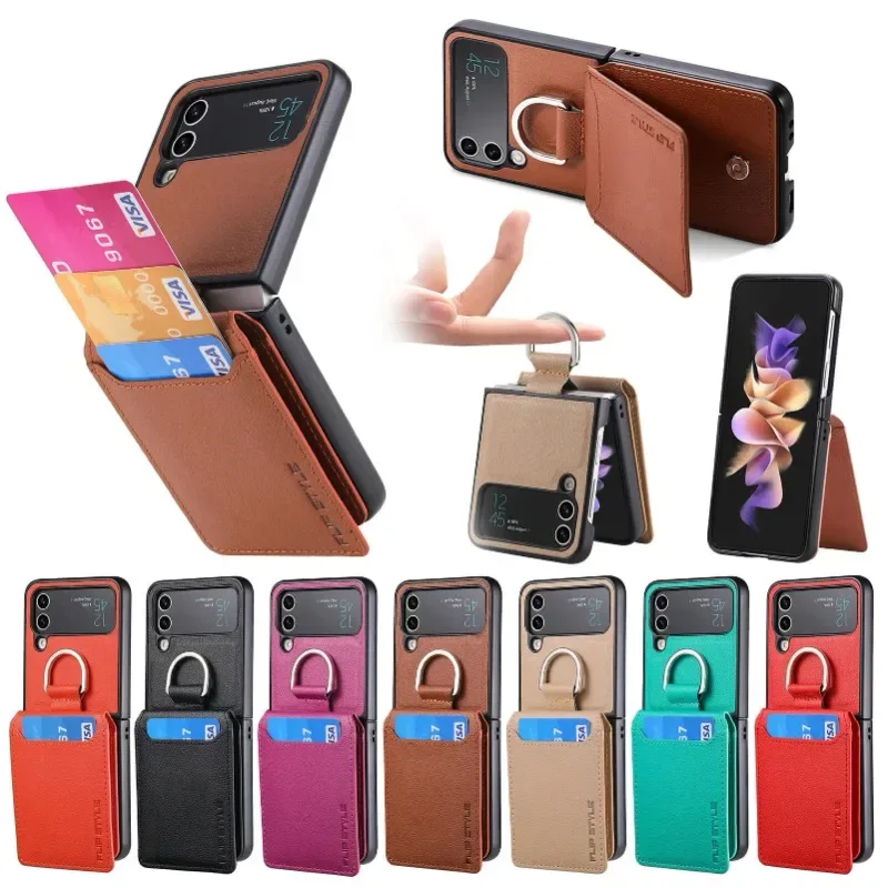 multifunction Card Slot Lychee leather Phone Case for Samsung Z Flip 6 5 4 3 5G Ring Holder Shockproof Back Cover for Z Flip6