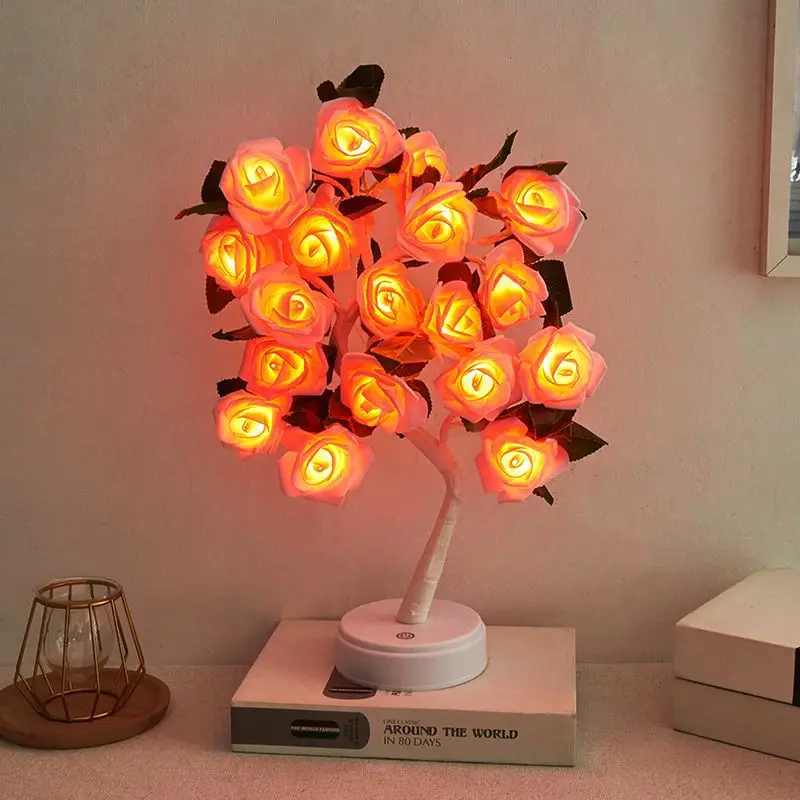 LED Rose Flower with leaf Table Lamp USB Christmas Tree Fairy Lights Night Lights Home Party Wedding Bedroom Decoration