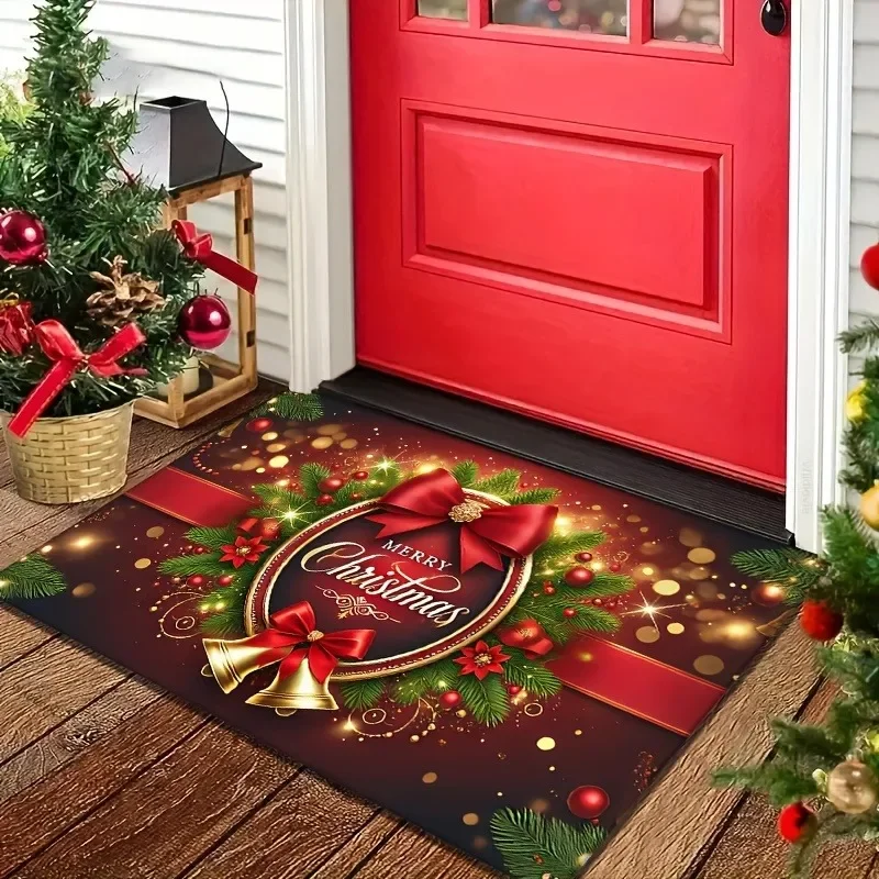 VIKAMA Christmas Doormat Golden Bell Bow Pine Wreath Merry Christmas Print Decorative Rug For Entryway Hallway Living Room Decor