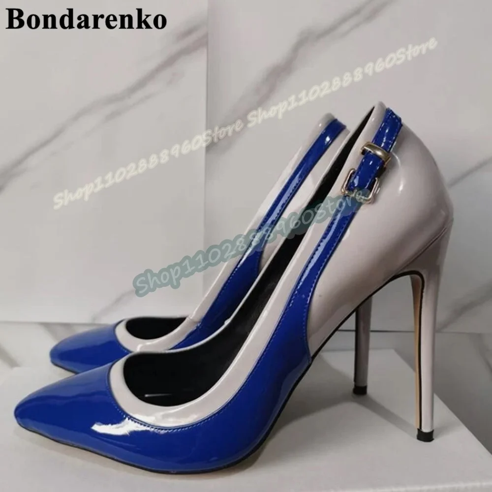 

Shallow Mixed Buckle Strap Splicing Pointy Pumps Thin High Heel Shoes For Women Slip On Pointed Toe Casual Stylish Party Pumps