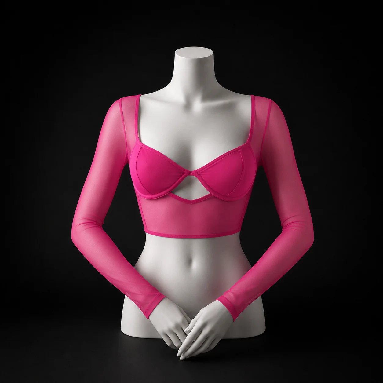 Glam Hot Pink Sheer Corset Top Women's Mesh Long Sleeve Cutout Bustier Women Date Night Form Fitting Cropped Top