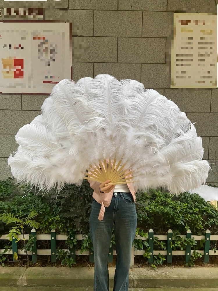 130CM Fuffly Ostrich Feather Fans Extra Large White Black 13 Bone Handheld Plumes Fan for Wedding Party Stage Performance Props