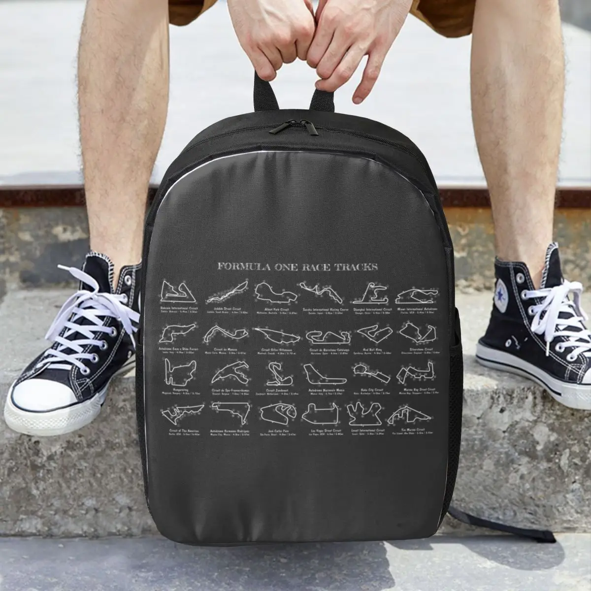 F1 pista de corrida estêncil branco mulher mochilas meninos meninas bookbag estudantes sacos escolares portabilidade portátil bolsa ombro