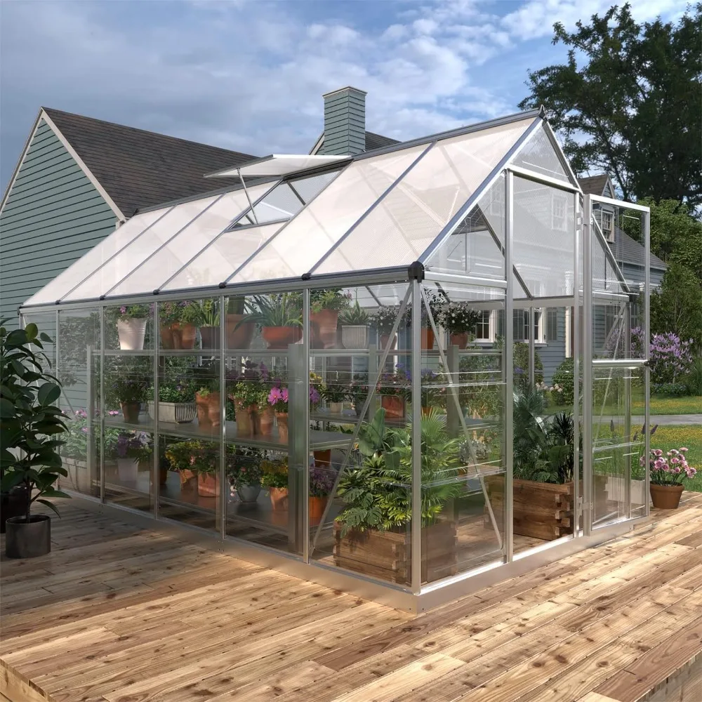 6x12 FT Hybrid Polycarbonate Greenhouse with 2 Vent Window, Walk-in Hobby Greenhouse with Lockable Hinged Door