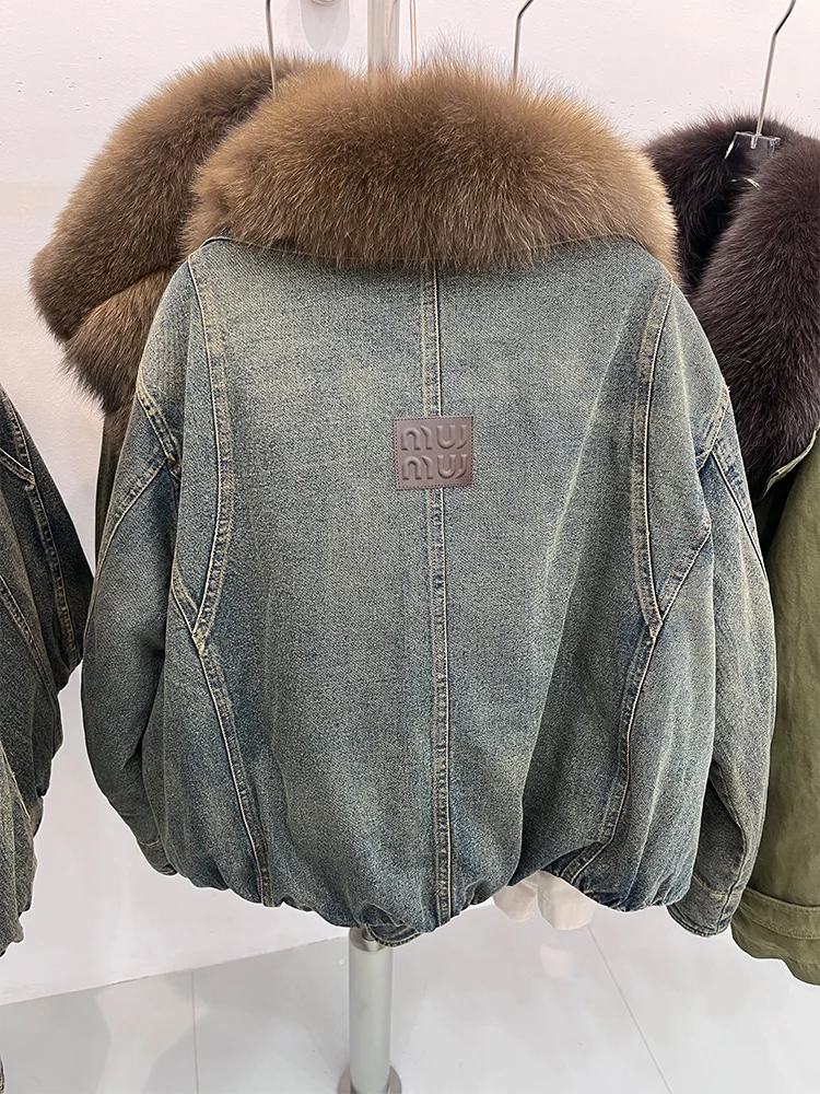 Neue Winter Luxus Weibliche Denim Jacke frauen Gans Unten Jacke Natürliche Echt Fox Pelz Kragen Mäntel Outwear
