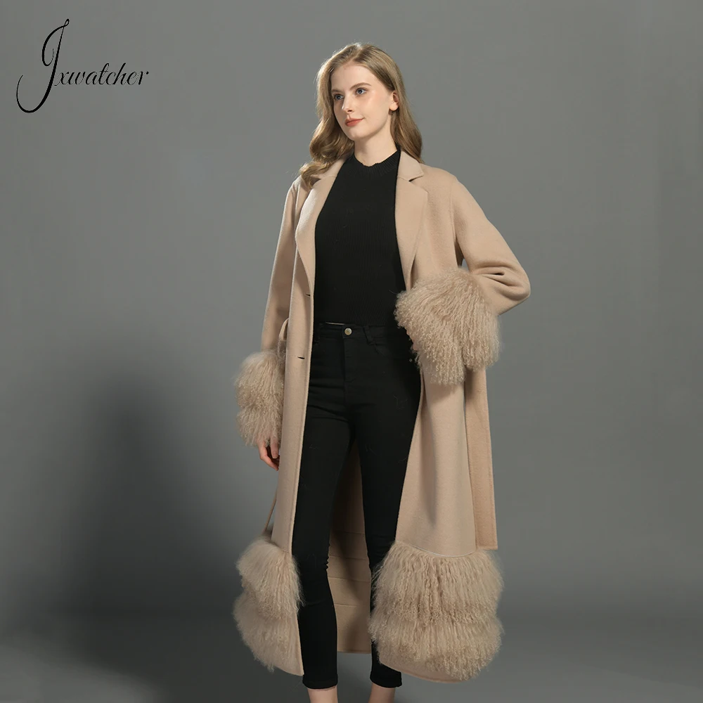 Jxwatcher Women's Wool Coat with Real Mongolian Sheep Fur Hem and Cuffs Ladies Long Style Elegant Double Face Cashmere Coats New