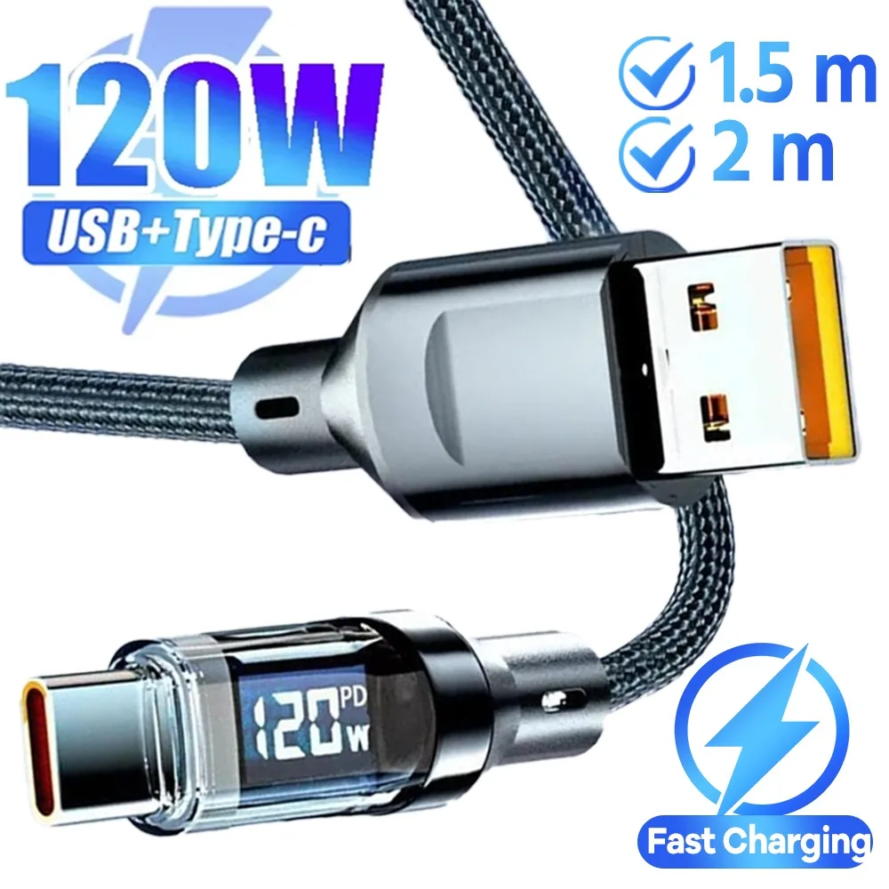 

120 Вт умный цифровой дисплей USB Type-C кабель для передачи данных для Apple IPhone Android универсальная плетеная веревка шнур для быстрой зарядки 1,5 м/2 м