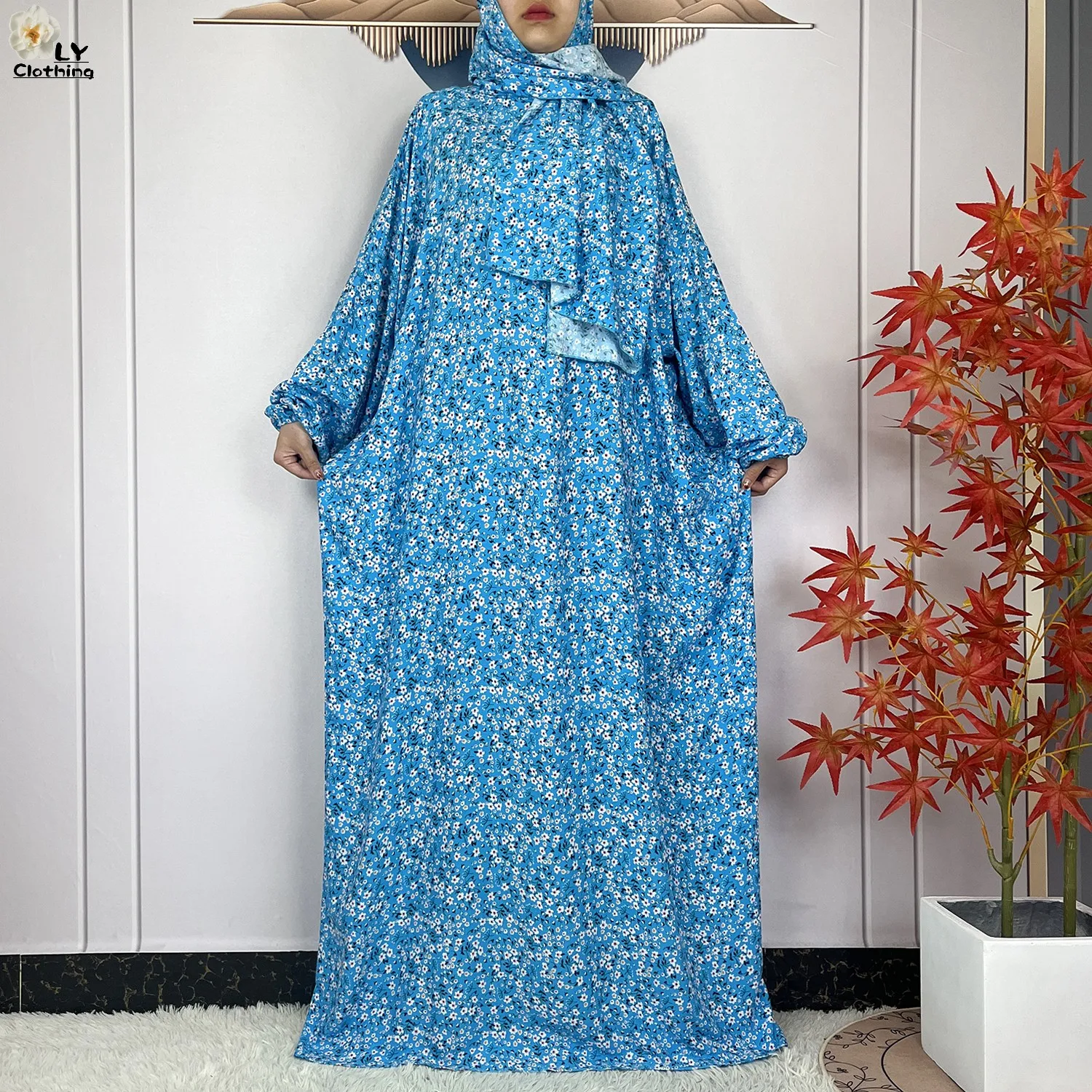 2024 Muslim For Women Ramadan Cotton Prayer Garment Dubai Turkey Floral Long Sleeved Loose Robe African Islam Traditional Abaya