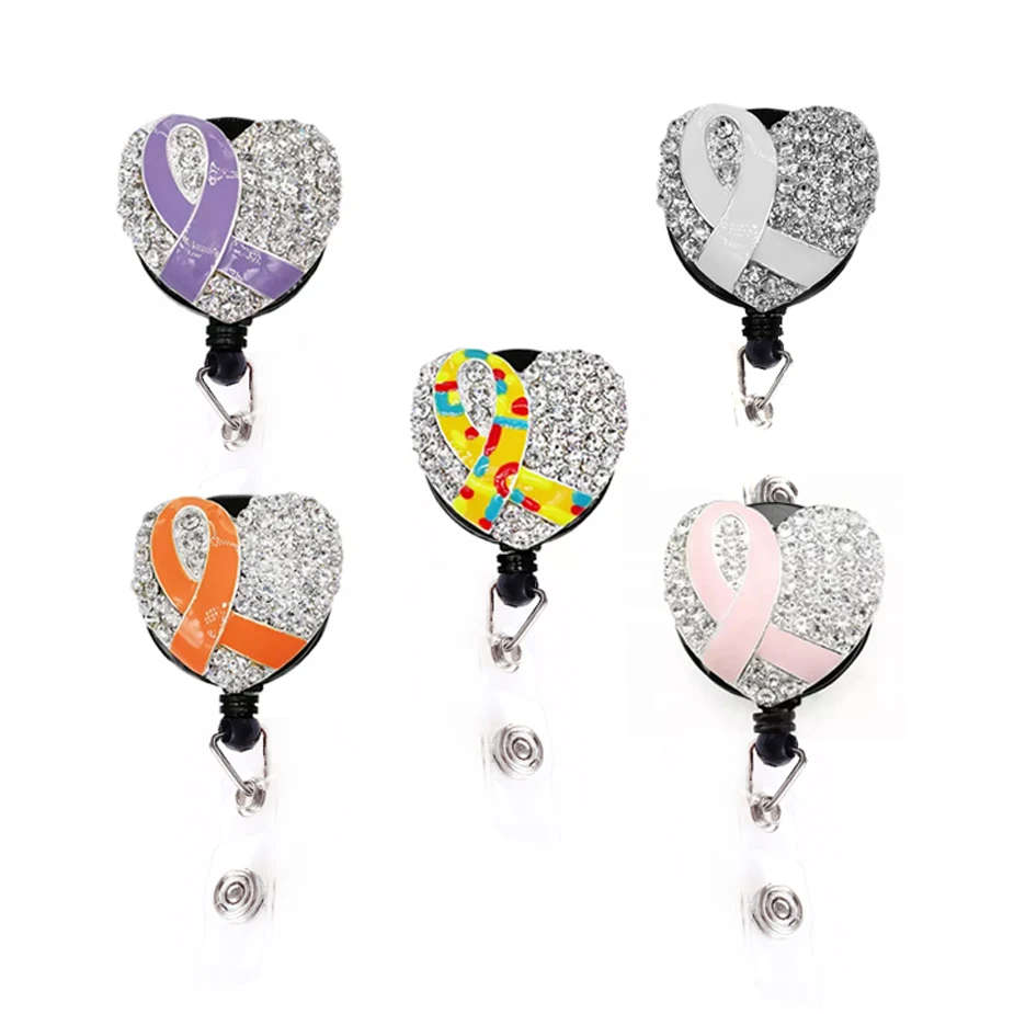 

Heart Shape Crystal Pink Colored Enamel Ribbon Breast Cancer Retractable Badge Holder Reel