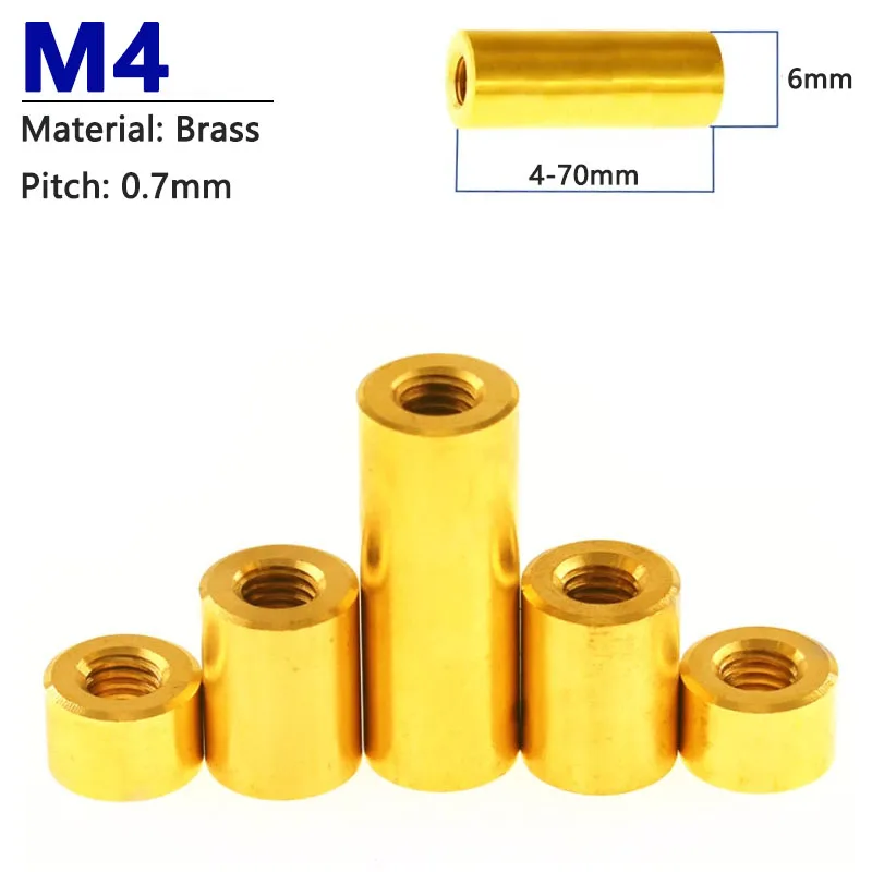 5pcs M4 Brass Round Coupling Nut Female Thread Cylindrical Stud Standoff Sleeve Double Pass Hollow Pillar Width 6mm L=10-50mm