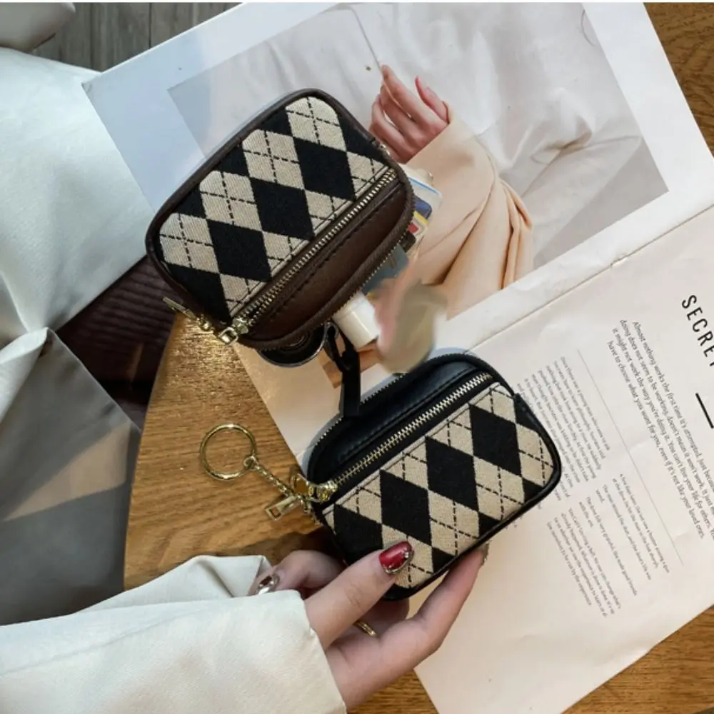 Simple Three Layers Rhombus Plaid Wallet Solid Color Korean Style Zipper Coin Purse Clutch Earphone Pouch Small Item Bag Outdoor