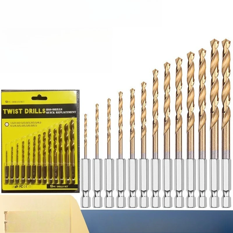 

13Pcs Hex Shank Twist Drill High-Speed Steel Electric Screwdriver Drill Bit Titanium-Coated Hardware Drill Bit Set