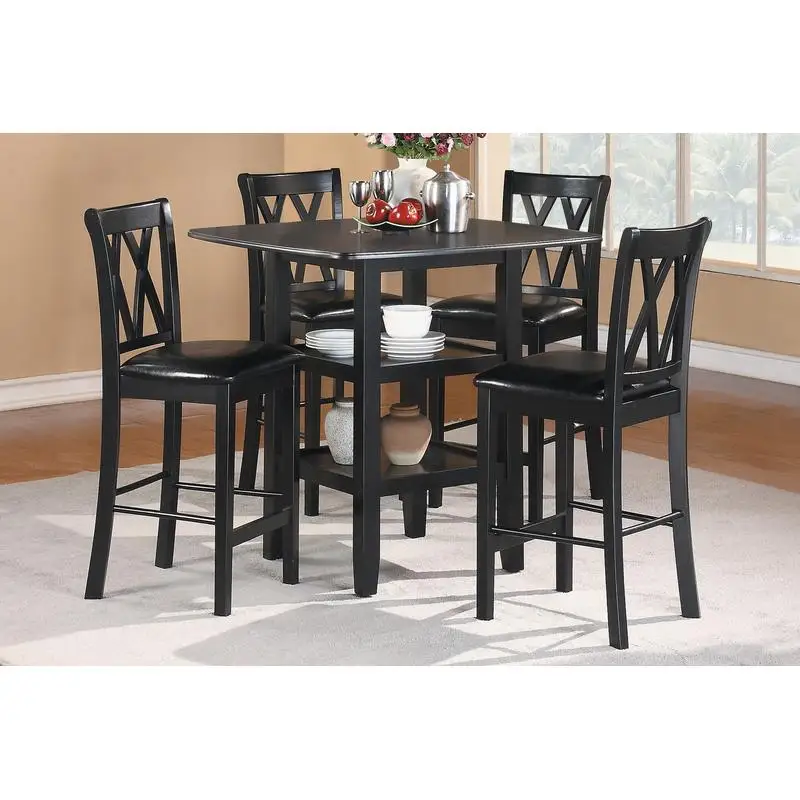 5-Piece Black Counter Height Dining Set with Table and 4 Chairs, Faux Leather Upholstered, Features Lower Shelves, Kitchen