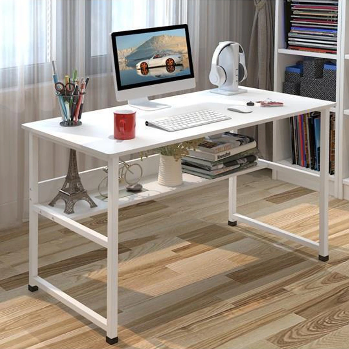 Wooden Computer Desk With 2 Layers Storage Rack High Gloss Living Room Kitchen Dining Versatile White Modern Rectangle Table