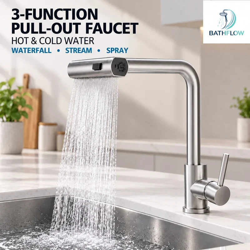 Pull Out Kitchen Faucet, 3-Mode Waterfall Stream Spray, Hot Cold Water Mixer Tap, Single Handle Brushed Sink Faucet, Deck Mount
