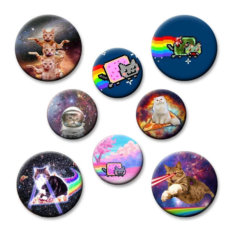 Bonitos y Divertidos Botones de Gato Alienígena Arcoíris, Broches Decorativos para Mochilas y Ropa, Insignias de Dibujos Animados de Ciencia Ficción, Joyería, Regalos para Niños