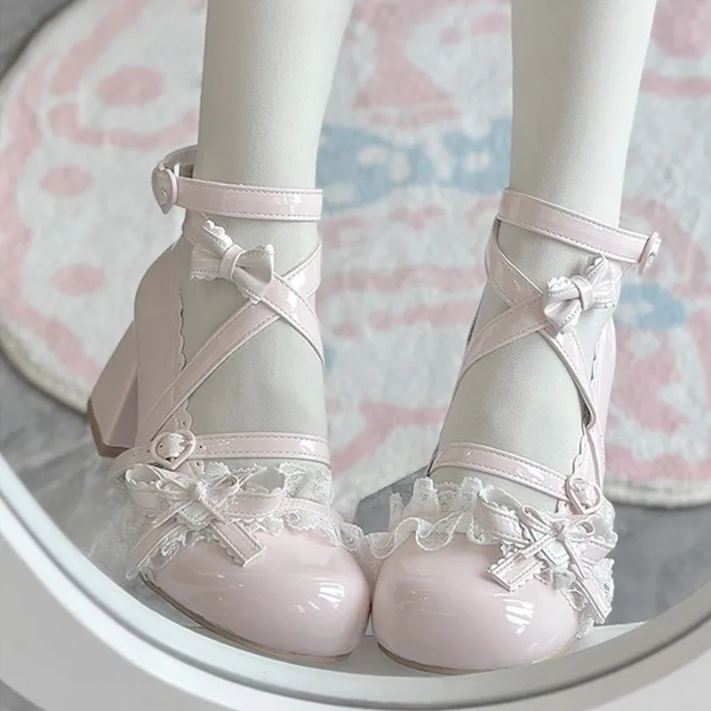 

Woman Mary Jane Shoes Bowknot Lace Trim Thick Heel Princess Shoes Buckle Strap Leather Shoes Platform Women Single Shoes
