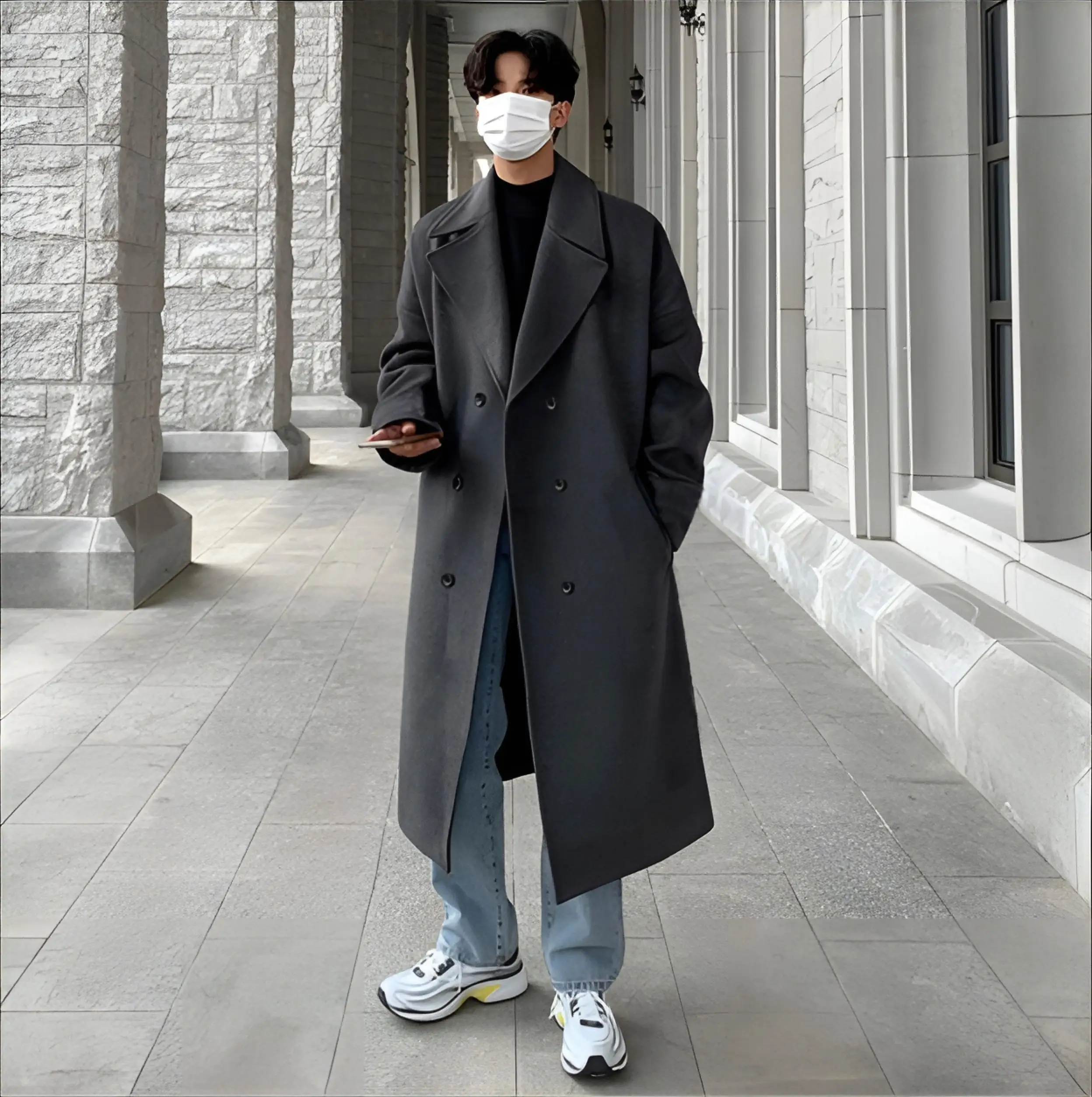 

Мужское пальто из шерстяной смеси, серое, с цветочным принтом: цветы, ботанический сад, лепестки, листья, растительная листва, лианы, пышность, процветание