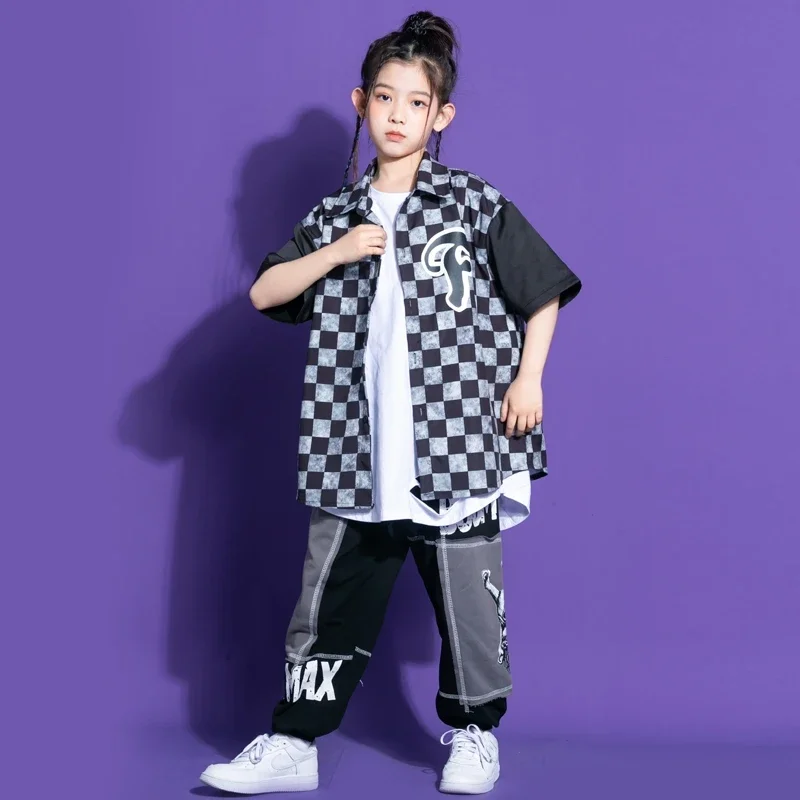 

Child Street Dance Clothes Boys Hip Hop Sets Short Sleeve Shirt Plaid Jacket Cargo Pants Girl Loose Streetwear Kids Jazz Costume