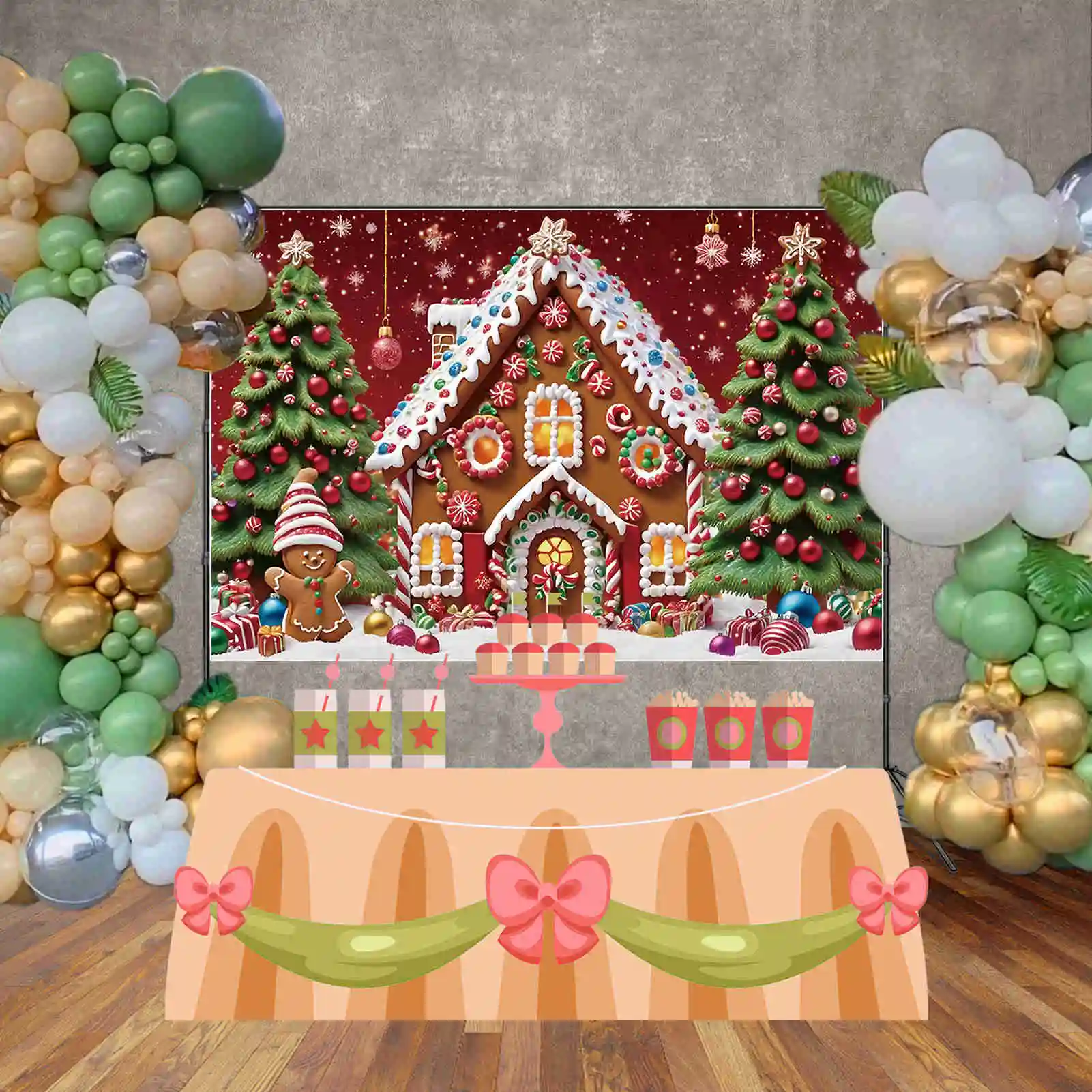 MOON.QG Children Christmas Background Gingerbread House Ornamented Tree Gift Snowflake Backdrops Party Decor Photography Props