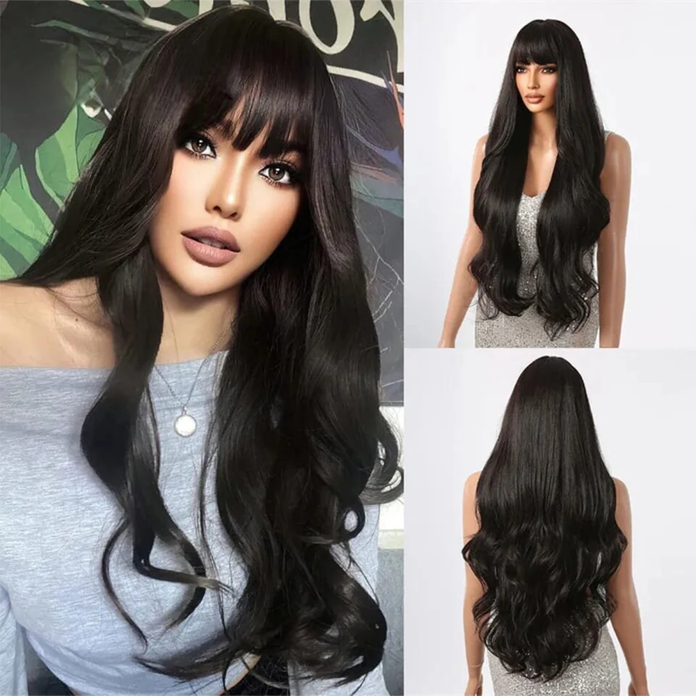 

Black Long Wavy lace Wigs with Women Daily Use Wigs with Bangs Natural Heat Resistant Synthetic Wig Cosplay Fiber Curly Wigs