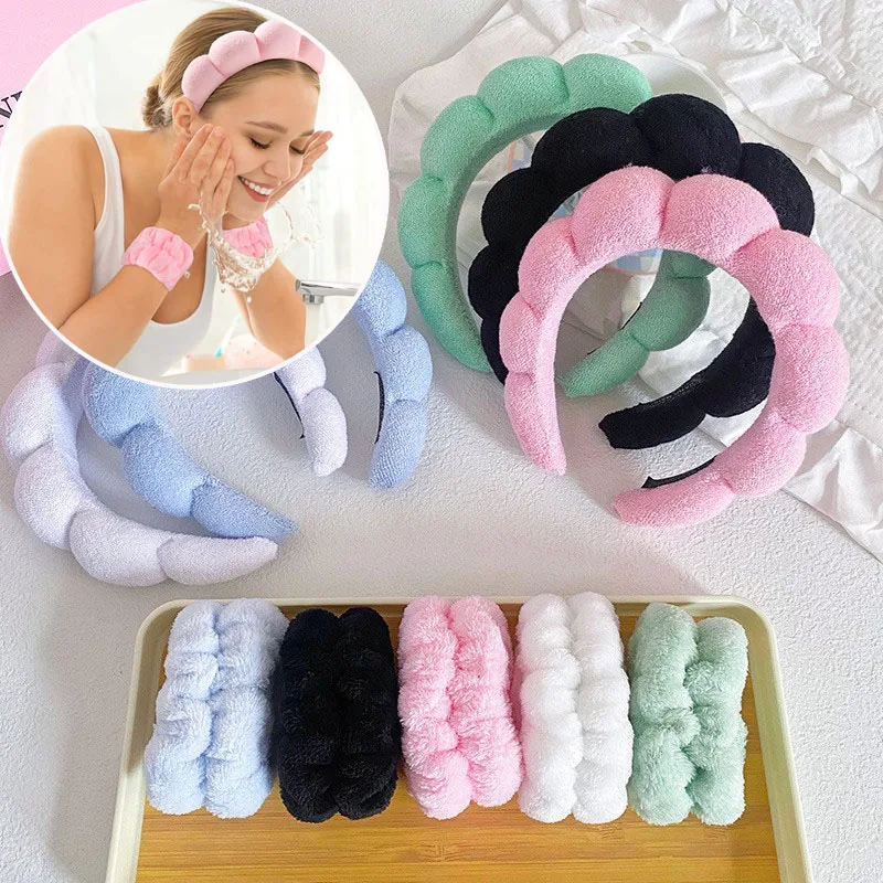 3 uds pulseras de lavado de microfibra de moda Scrunchies diadema hinchada Spa diadema de burbujas para lavar Maquillaje facial ducha cuidado de la piel