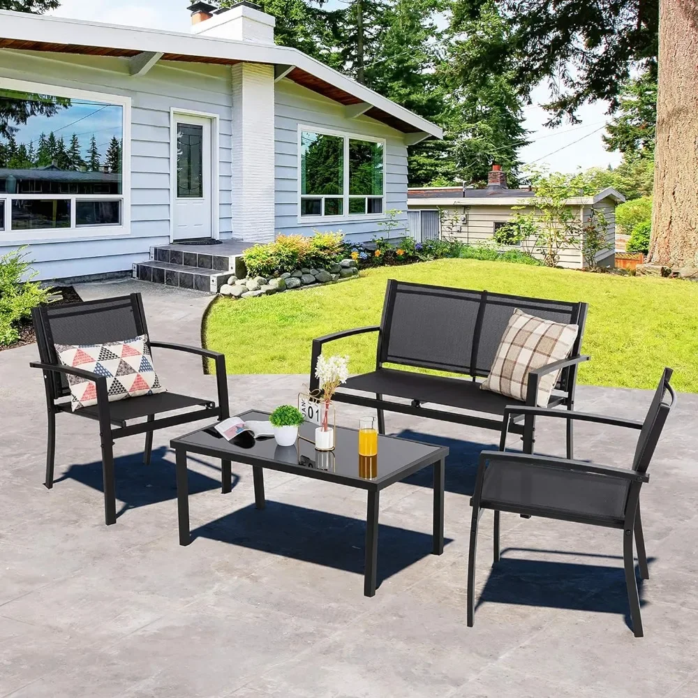 4 Pieces Patio Furniture Set All Weather Textile Fabric Outdoor Conversation Set, with Glass Coffee Table, Loveseat, 2Chairs