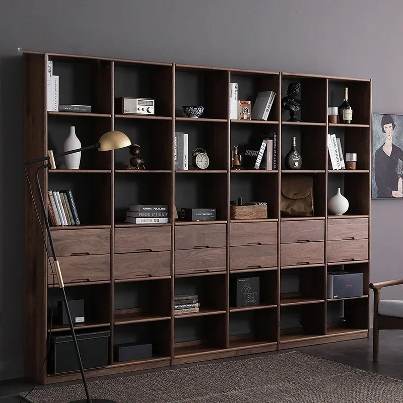 

Black walnut solid wood bookshelf integrated against the wall floor free combination bookcase