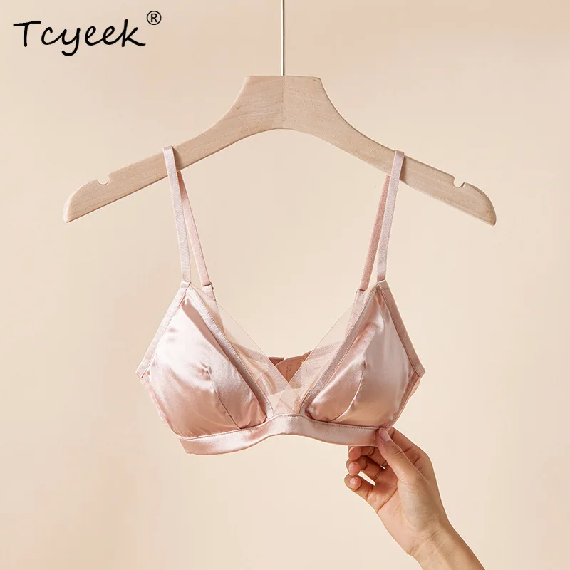 Tcyeek 93.8%  Silk Satin Bra, Women Wire Free Lace Mesh, Sexy Breathable Thin Underwear, 2024 Spring Summer New P435115QM