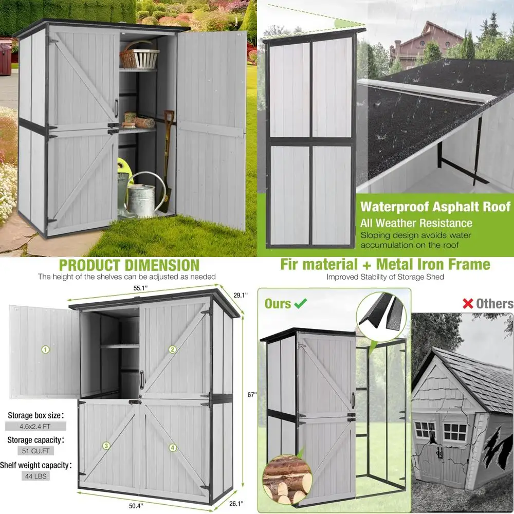 

Деревянный навес для хранения на открытом воздухе 4,6x2,42 фута с металлическим каркасом, водонепроницаемый навес для садовых инструментов, регулируемый