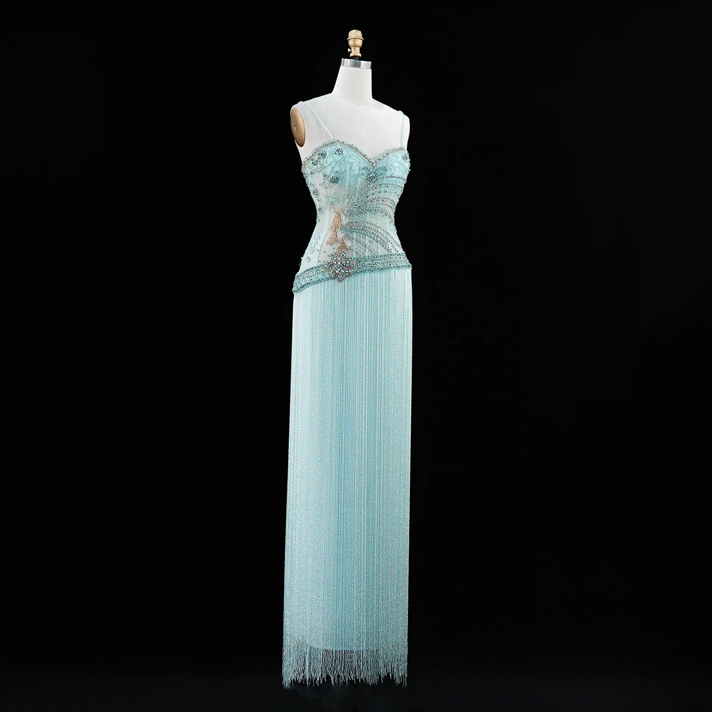 Sharon Said Abendkleider Luxus Spaghettiträger Etuikleid Tüll Perlen Quasten Kristalle Dubai Formelles Partykleid SS202 Maßanfertigung – Detail 7