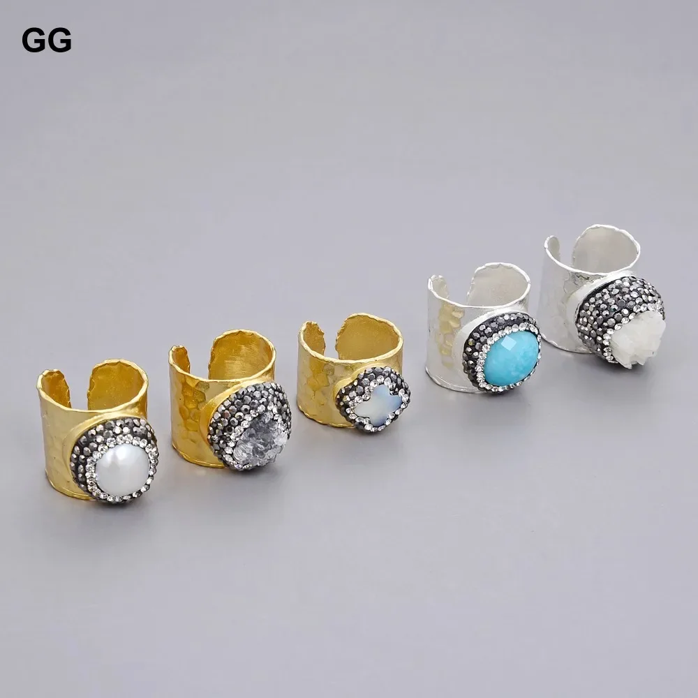 GG Natural White Pearl blue Jade White Gray Quartz Druzy Shell trimmed black macarsite Cuff Gold Plated Ring