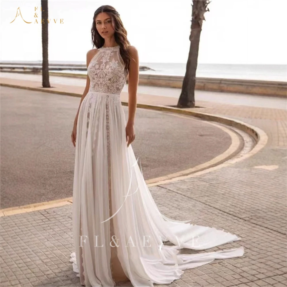 

FL & AEVVE Элегантное кружевное свадебное платье трапециевидной формы с разрезом по бокам, шифоновое платье невесты на заказ, сетчатое свадебное платье, халат