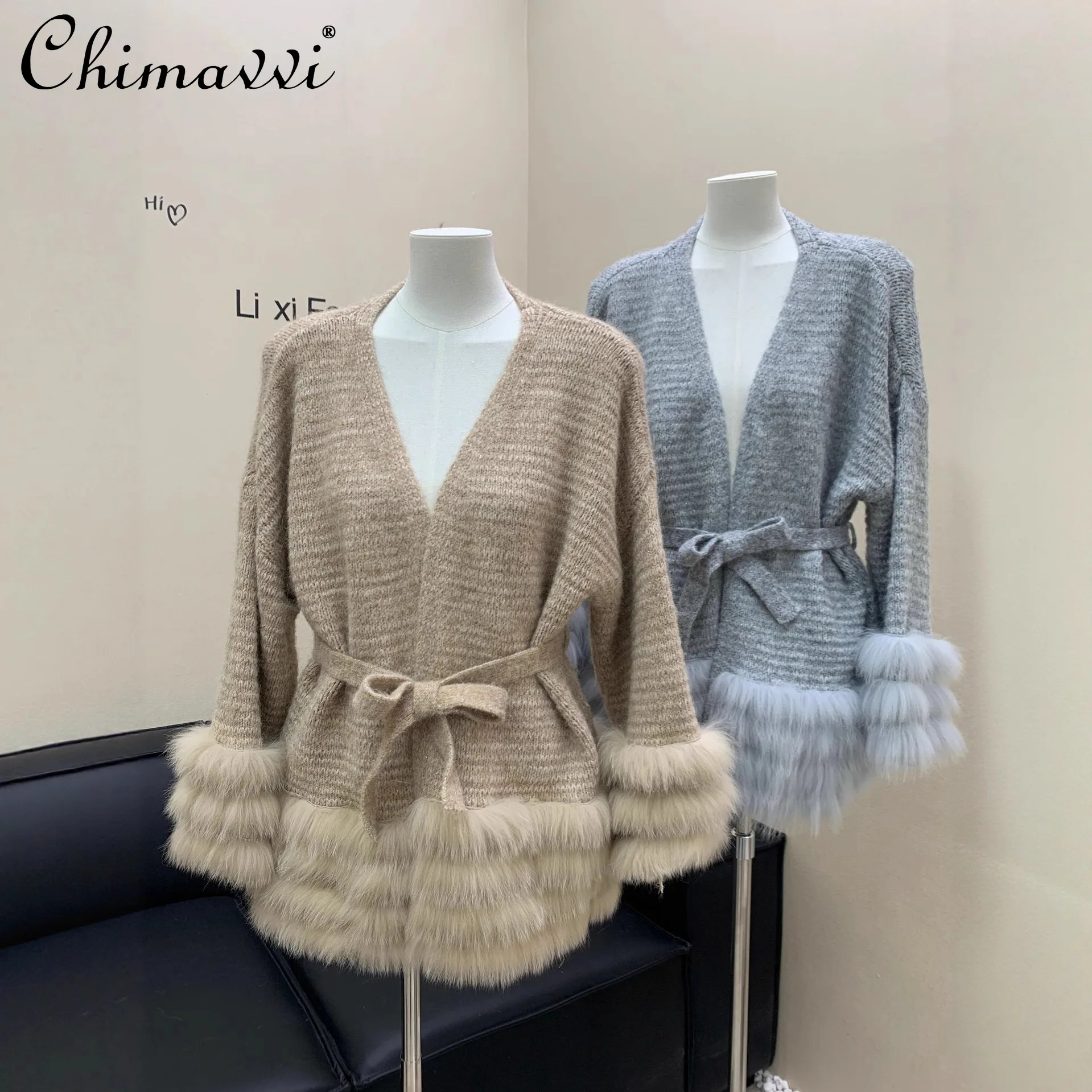 

Элегантный модный светский вязаный топ из натурального лисьего меха с v-образным вырезом и длинными рукавами, свободный ленивый трикотаж, свитер, кардиган, женский осенний